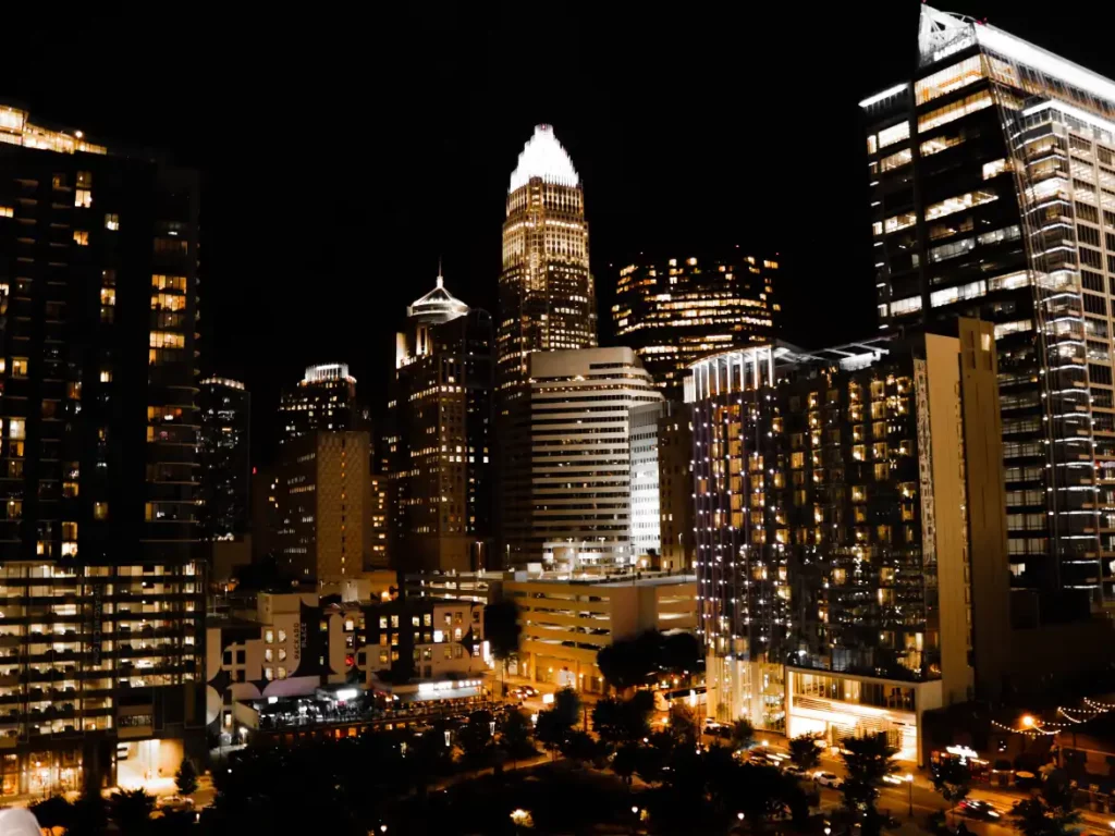 Charlotte, NC uptown skyline illuminated at night
