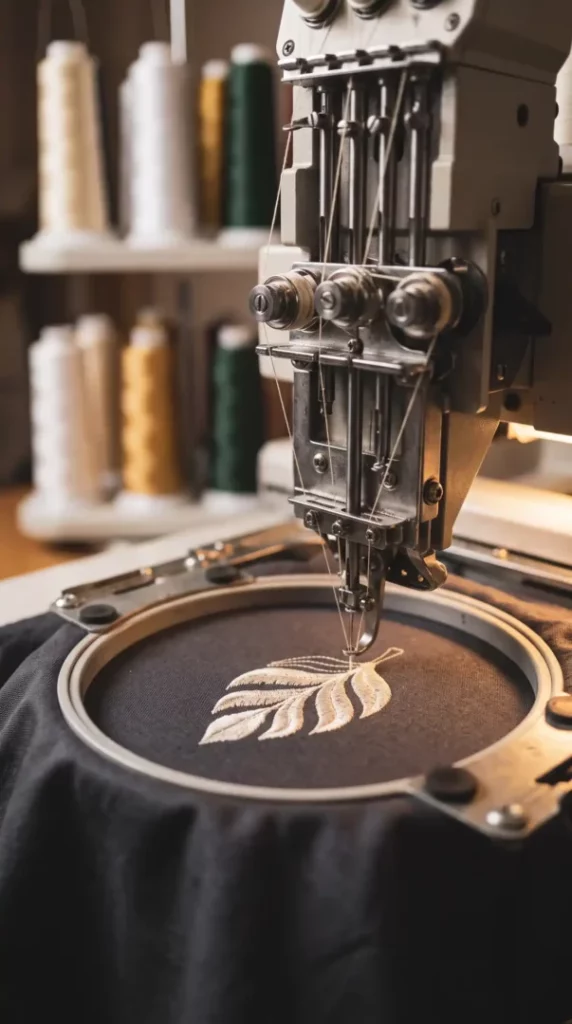 Industrial embroidery machine stitching a logo onto a dark apron in a hoop