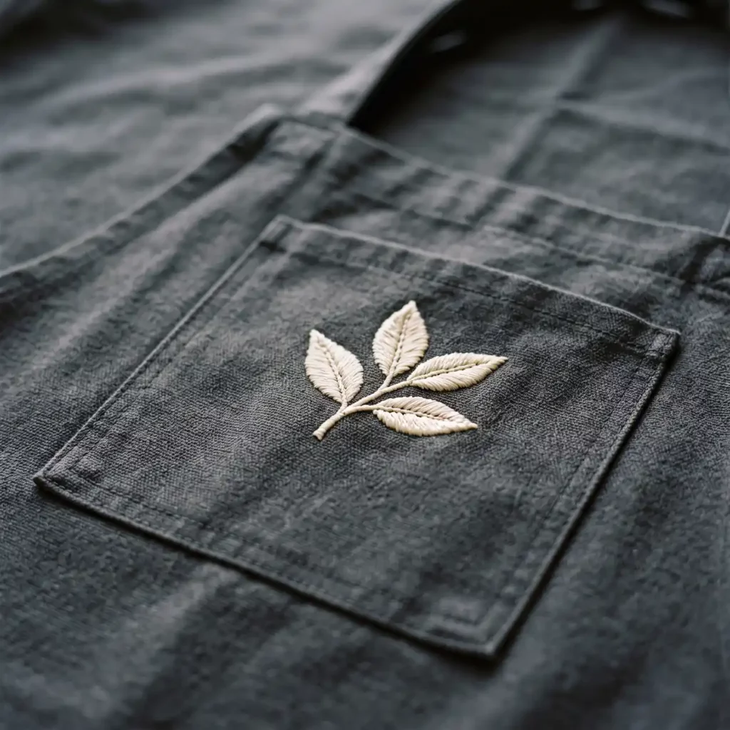 Close-up of a custom embroidered logo stitched onto a charcoal apron pocket