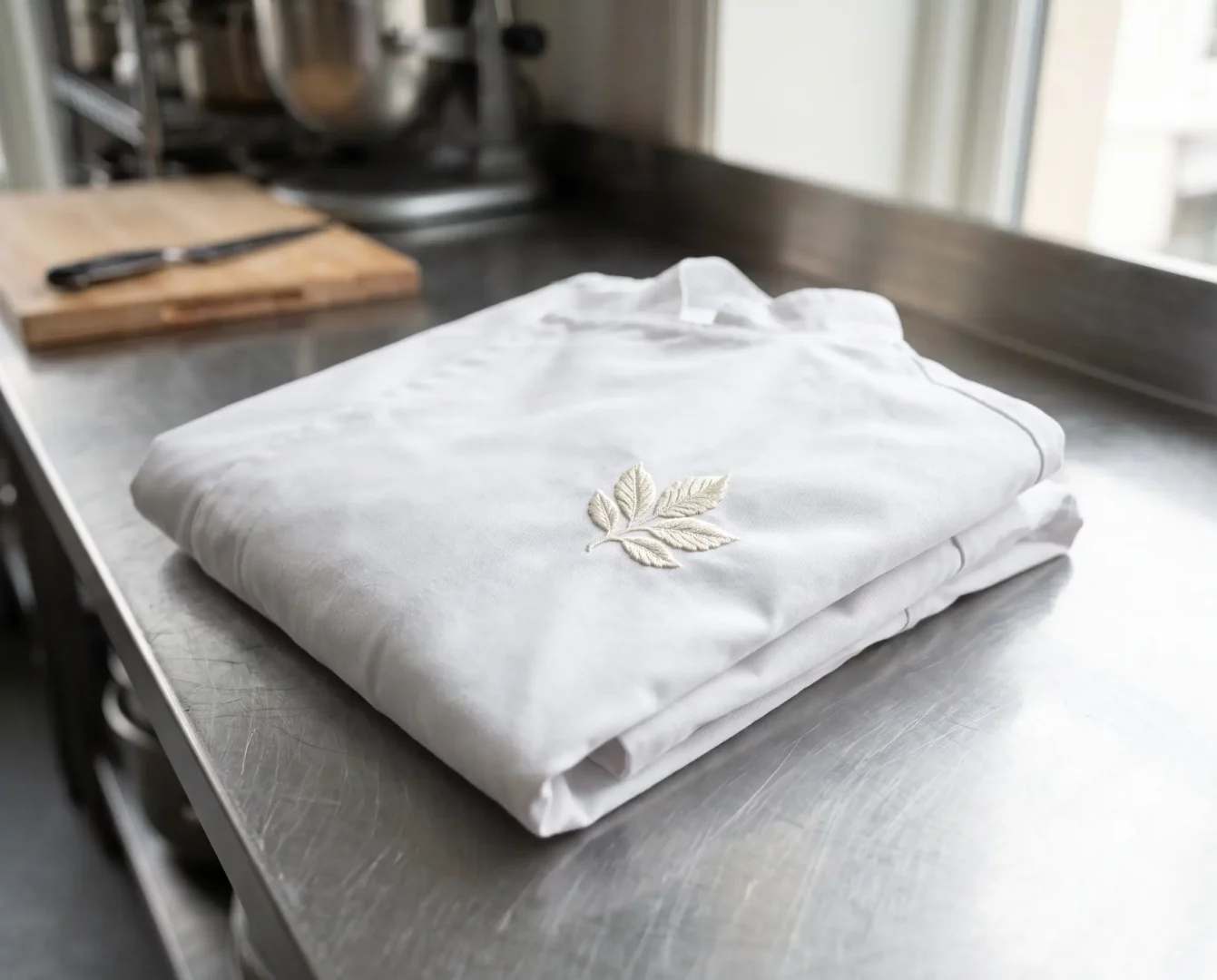 White chef coat with an embroidered chest logo folded on a stainless steel kitchen counter