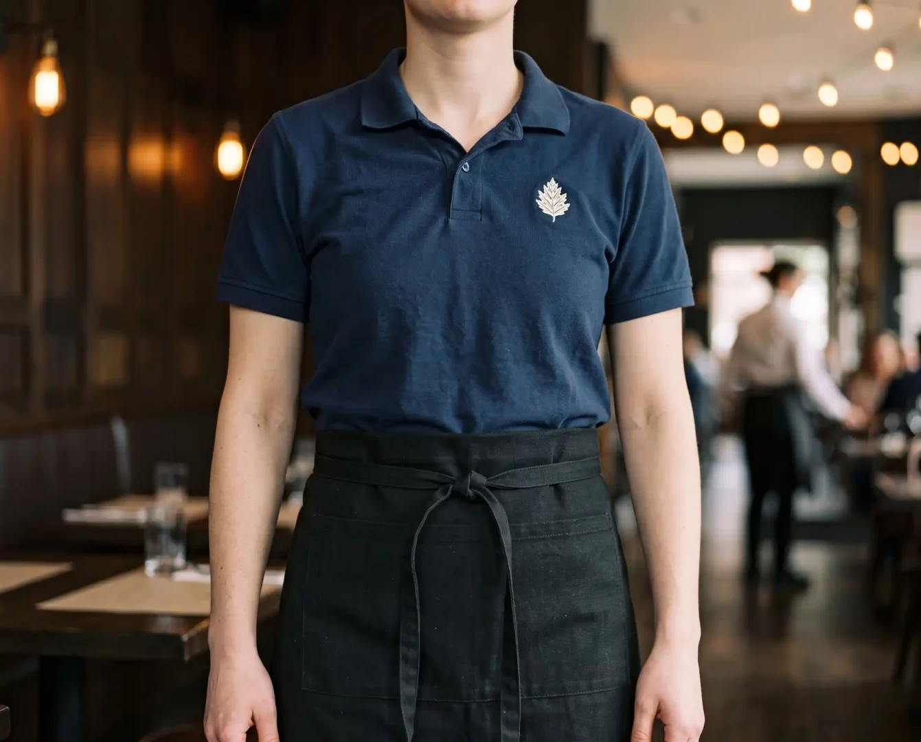 Restaurant server wearing a navy embroidered polo and black waist apron