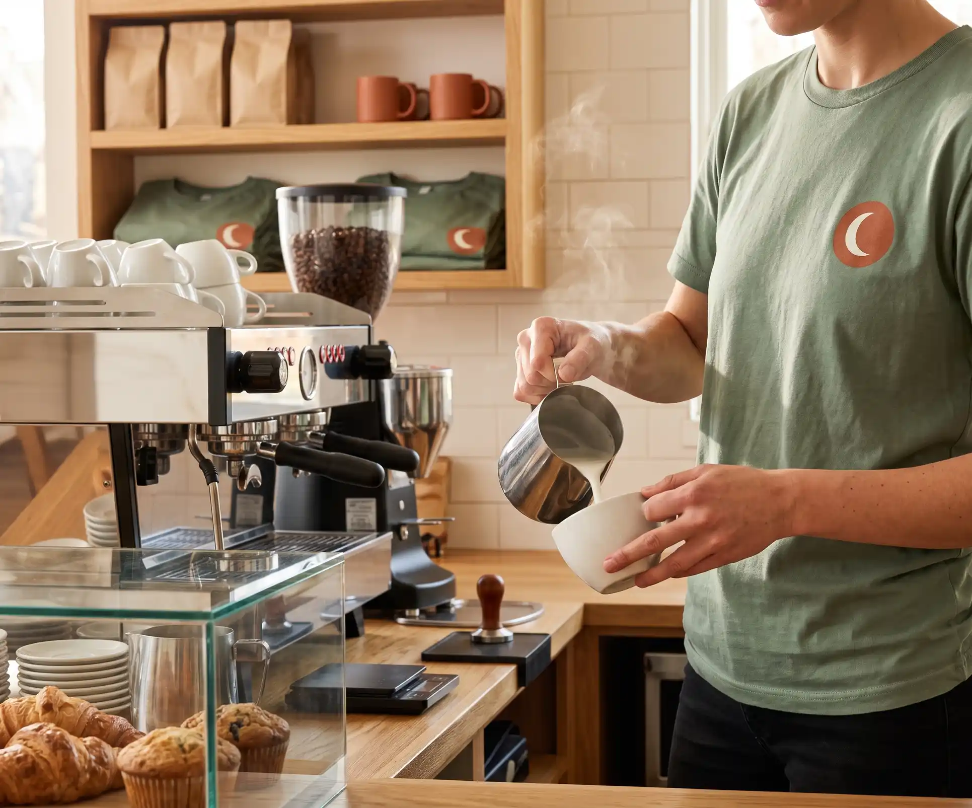 Barista wearing a custom printed coffee shop t-shirt, with matching shirts for sale on the shelf behind