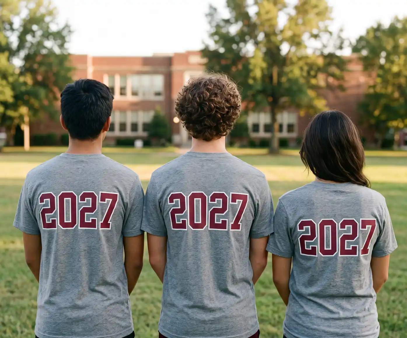 Students wearing custom senior shirts with the year printed on the back
