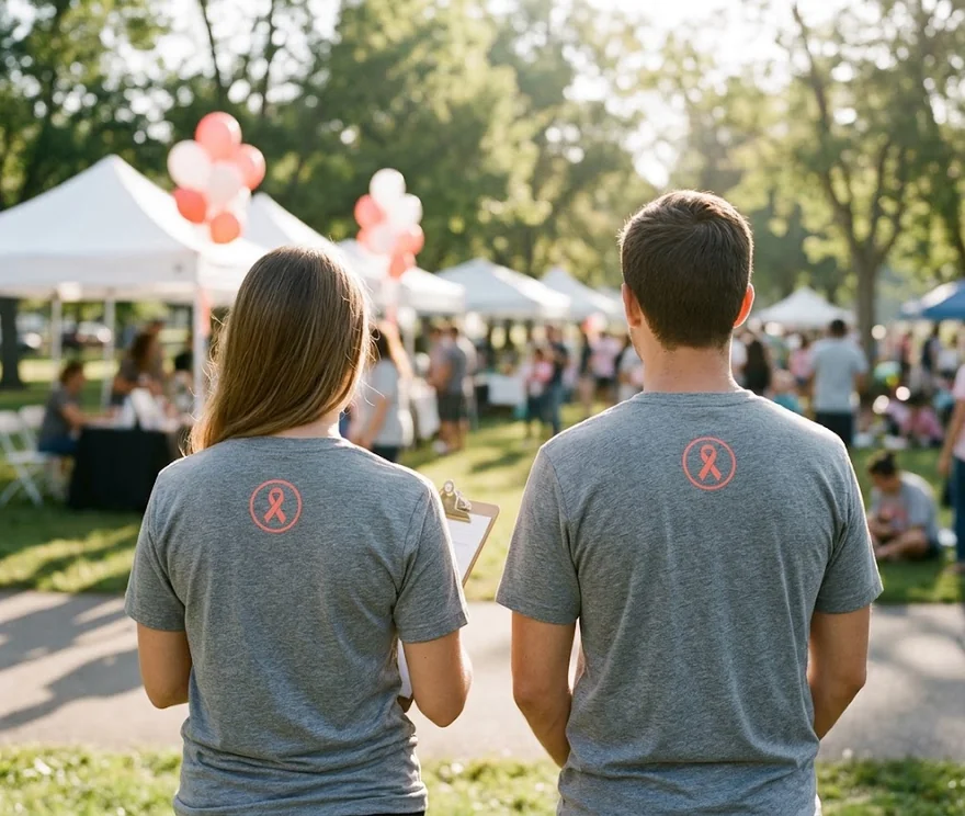 Event staff in matching custom event shirts at an outdoor community festival
