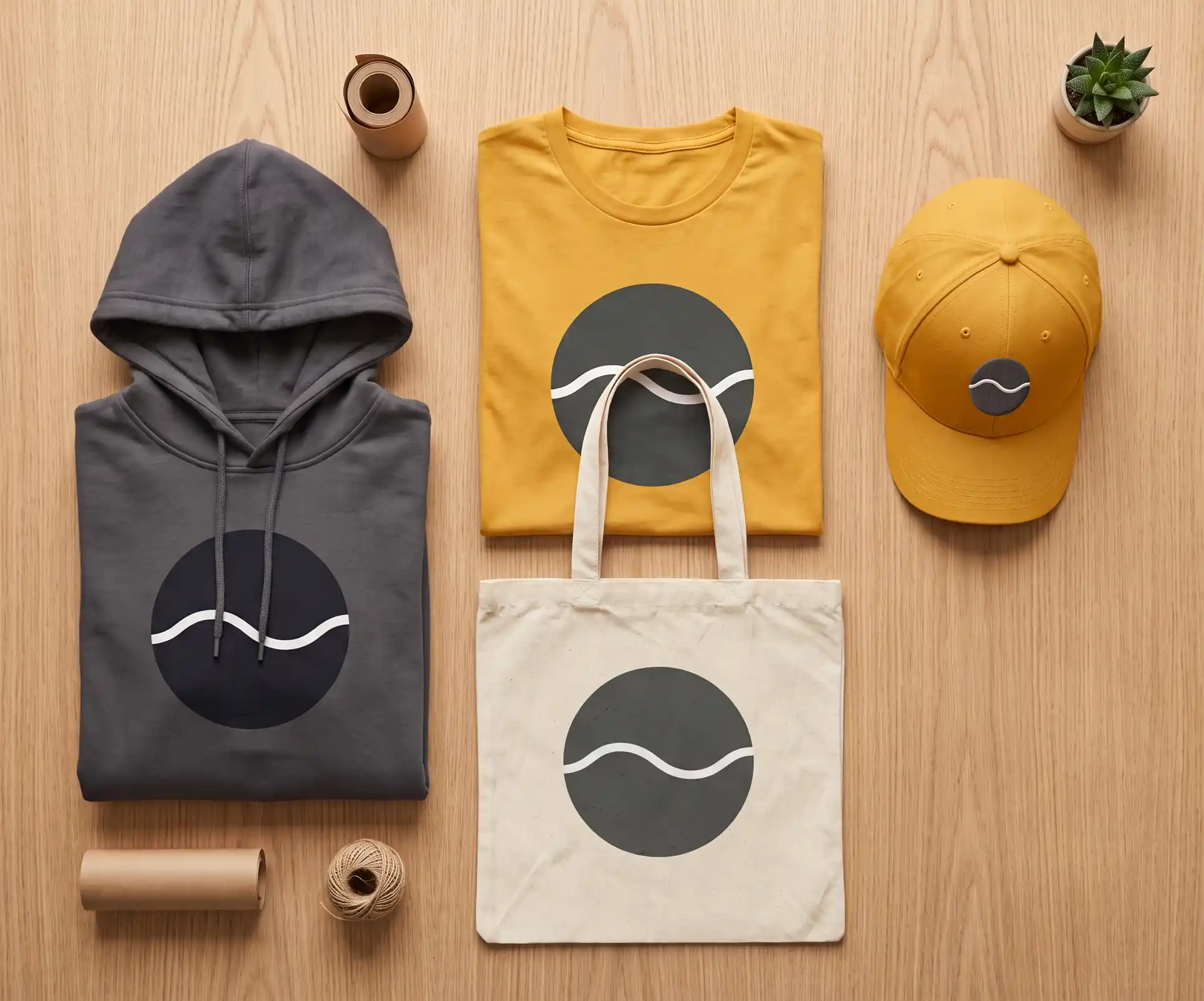 Custom merch for a small business: printed t-shirt, hoodie, tote bag, and embroidered cap with the same logo