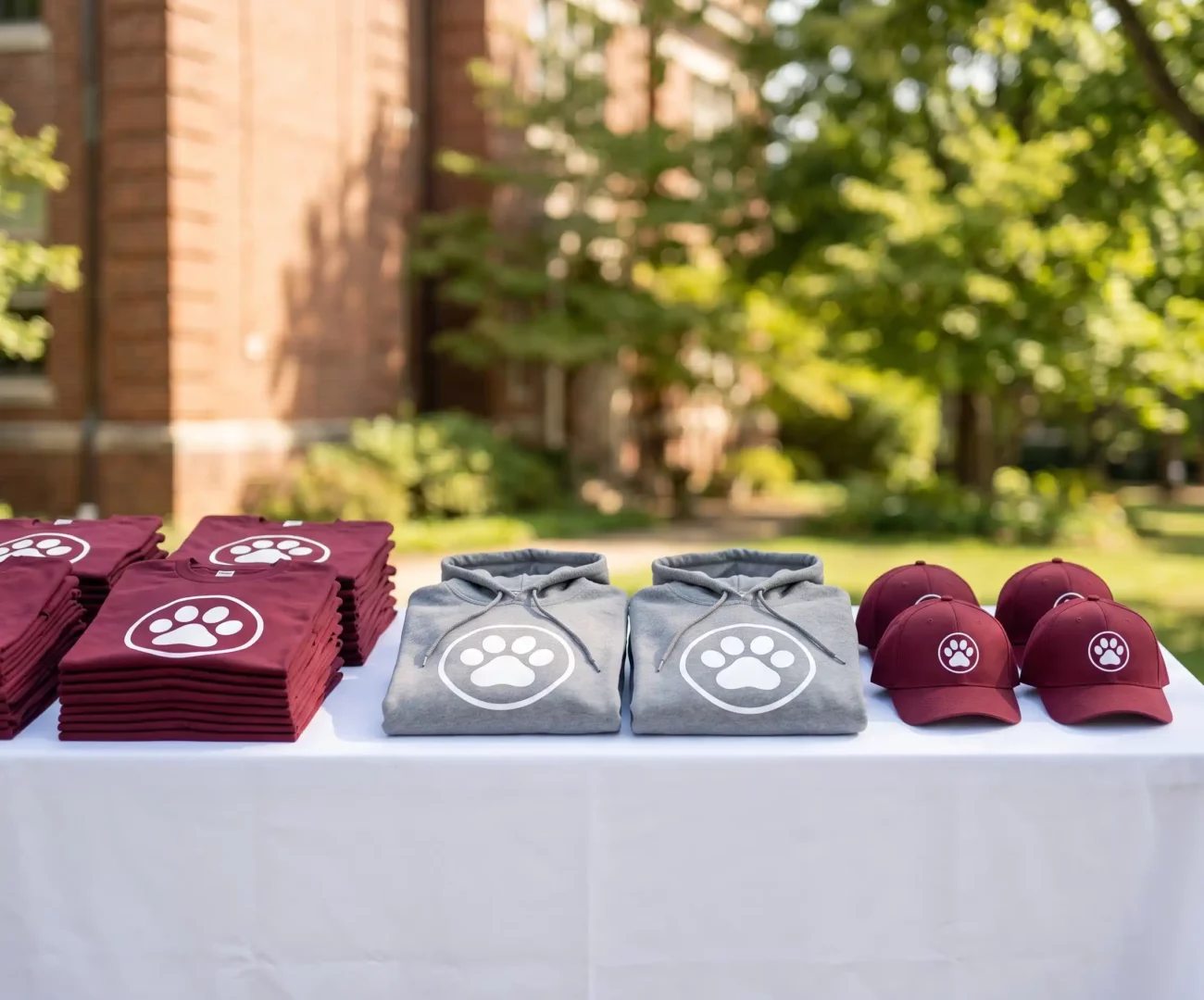 PTA spirit wear sale table with custom school t-shirts, hoodies, and caps
