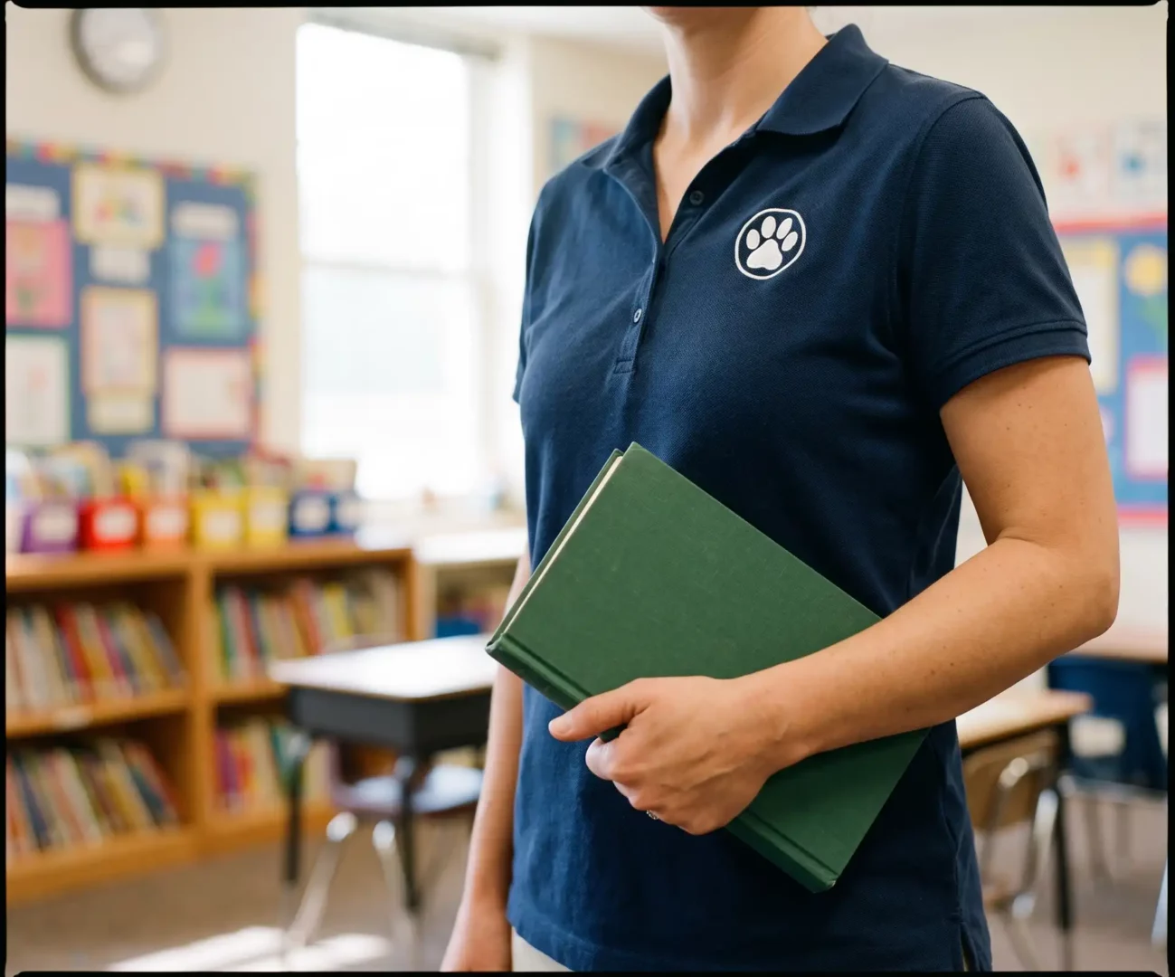 Teacher wearing an embroidered staff polo with the school logo in a classroom