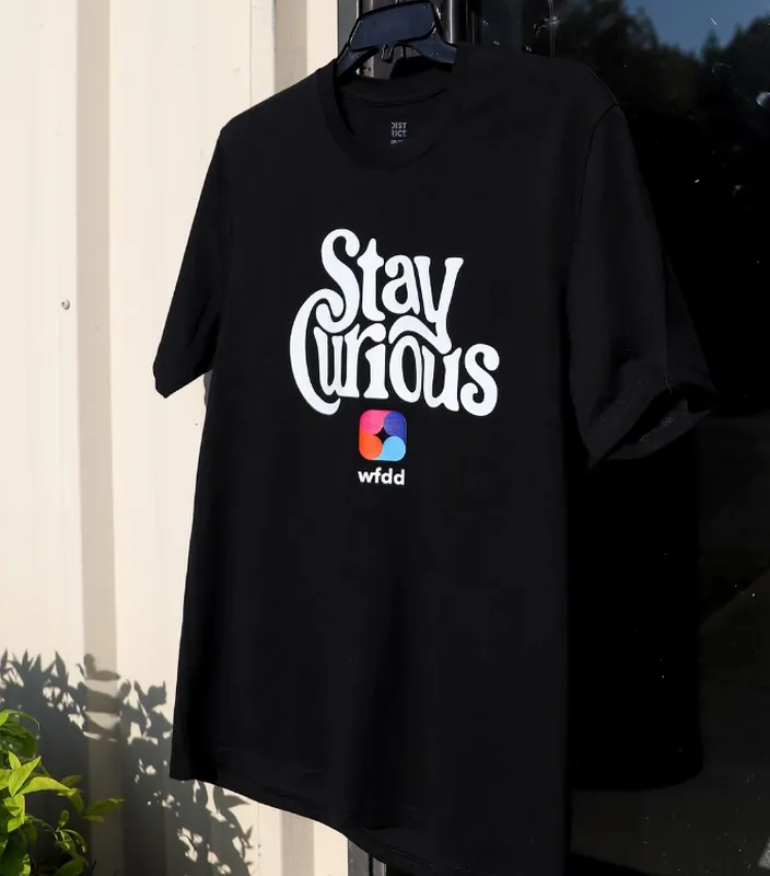 Bulk custom printed black t-shirt with Stay Curious graphic for events and staff by Sew NC